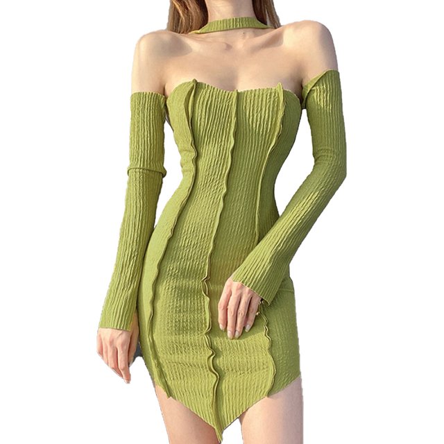 Vestido color puro fuera del hombro diseño cintura alta Slim cómodo estilo erógeno poliéster mujeres otoño vestido para citas verde S