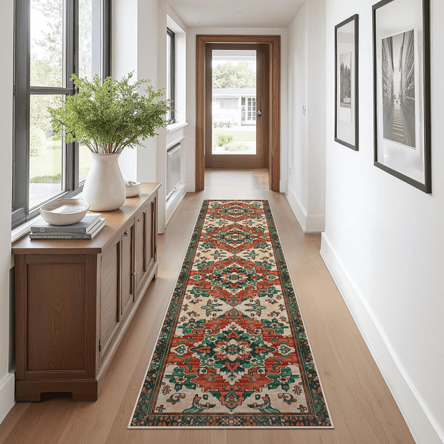 Alfombra Corredor 60x300 Cm Lavable, Alfombra Suave Antideslizante para Cocina, Estilo Moderno para Sala de Estar, Dormitorio y Entrada, Color Rojo y Verde