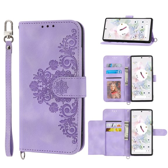 Jiahe Cover for Google Pixel 6 Pro, Wallet Case with Card Holder,Embossde Flower Flip Leather Magnetic Shockproof Card Slots Stand with Shoulder Strap Full Body Cover Case, purple