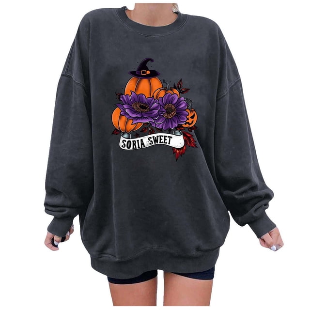 KIHOUT Chandails en Molleton pour Femmes Imprimé Citrouille Pull Ample Graphique Manches Longues Épaules Tombantes Col Rond Surdimensionné Mignon Automne Hiver Halloween Sans Capuche, Taille S-2TG