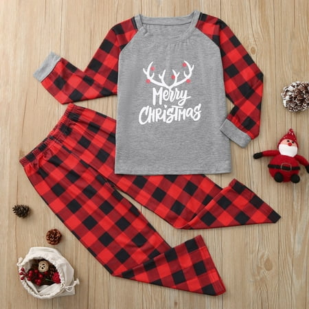 

FZM Christmas Children Letter Plaid Print Top Blouse+Pants Family Clothes Pajamas