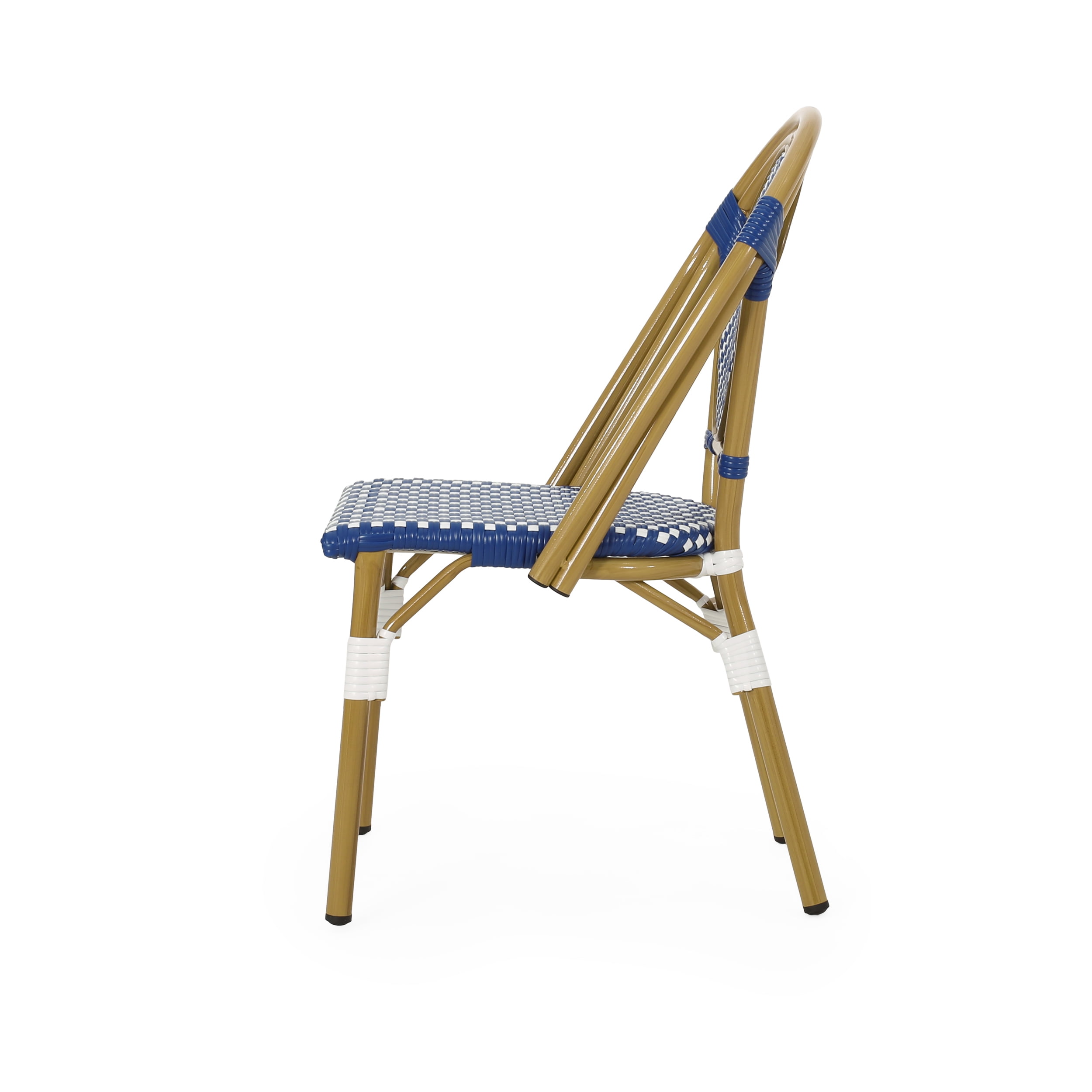 Drew Outdoor French Bistro Chairs, Set of 4, Blue, White, Bamboo Finish