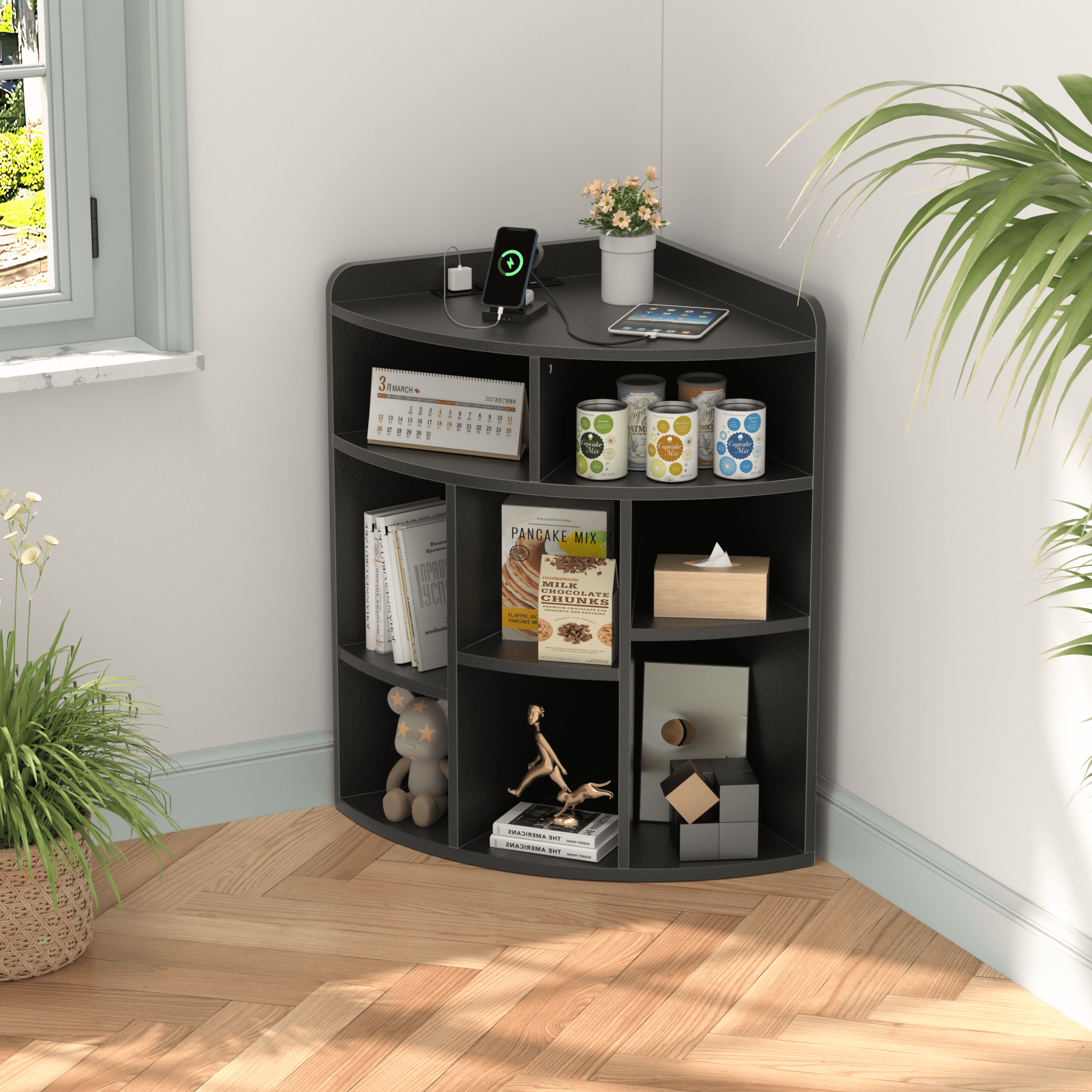 VECELO Corner Cabinet Storage with USB Ports and Outlets, Wooden Cubby Bookshelf for Small Space, Adjustable Shelves Corner Cube Toy Storage for Playroom, Bedroom, Living Room, Black