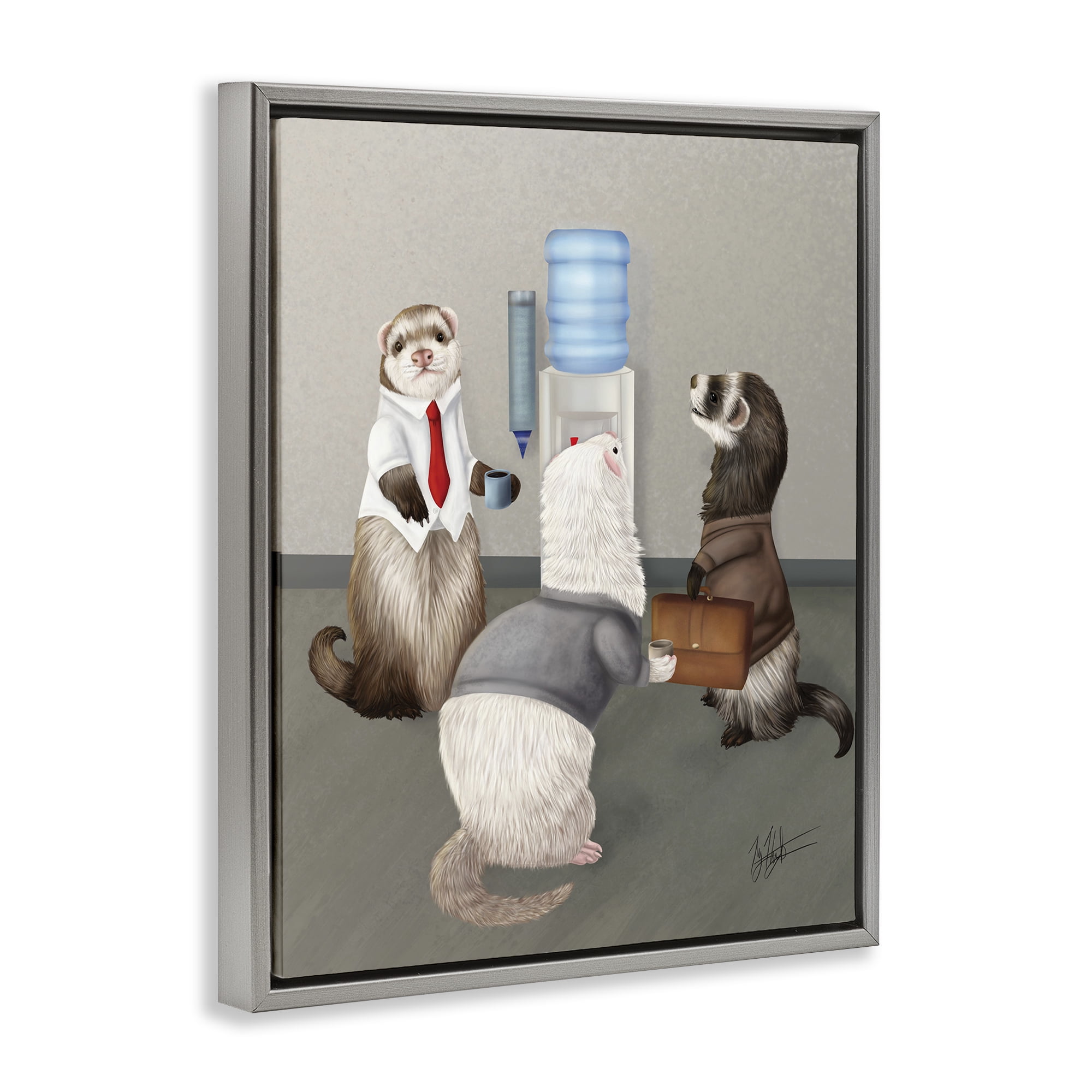 Stupell Industries Office Ferrets Water Cooler Animals & Insects Painting Gray Floater Framed Canvas Art Print Wall Art, 17 x 21