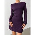 thumbnail image 2 of Purple Glitter Tie-Back Long Sleeve Fitted Mini Dress With Bell Sleeves For Women, 2 of 6