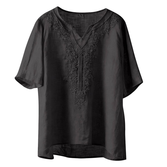 Tweang Cotton Tunic Tops for Women Embroidered Shirts Turn-down Collar Boho Peasant Blouse Floral Embroidered Boho Tops Roll Up Short Sleeve Cotton Linen Embroidered Tops Bohemian Shirts Black L