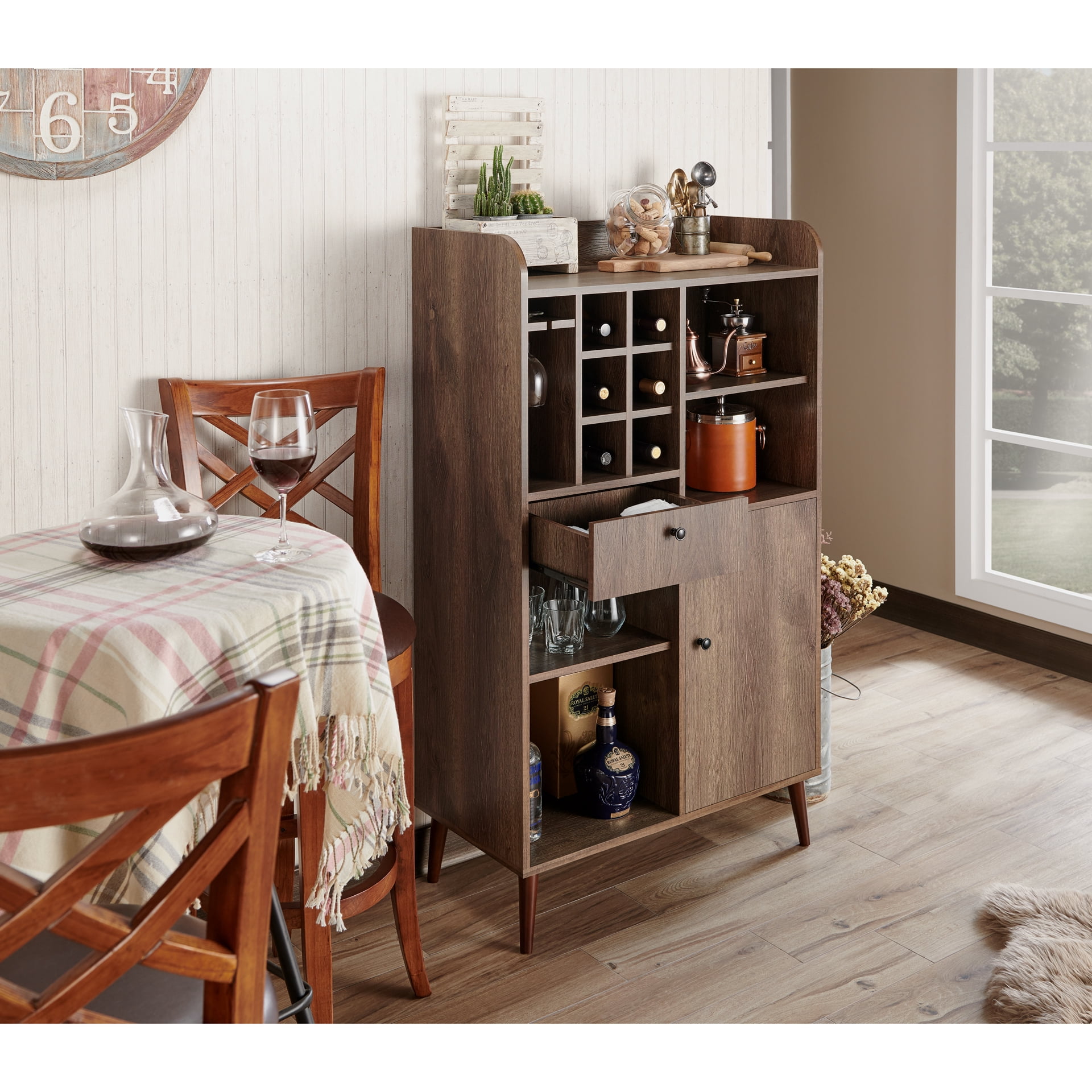 Furniture of America Munster Multi-Storage Wine Cabinet, Distressed Walnut