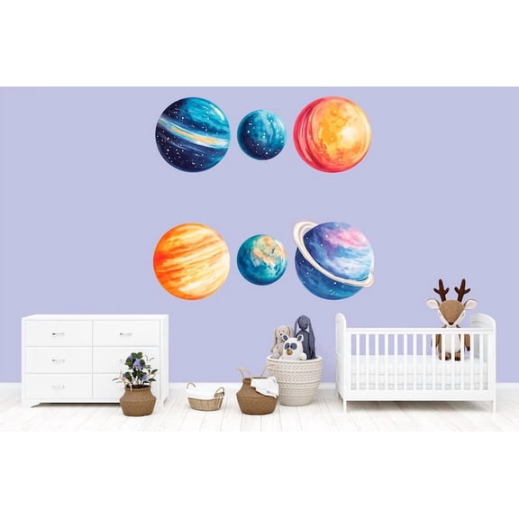 Kids Space Planet Wall Decals Watercolor Solar System Nursery Playroom Classroom Wall Art Vinyl Decor