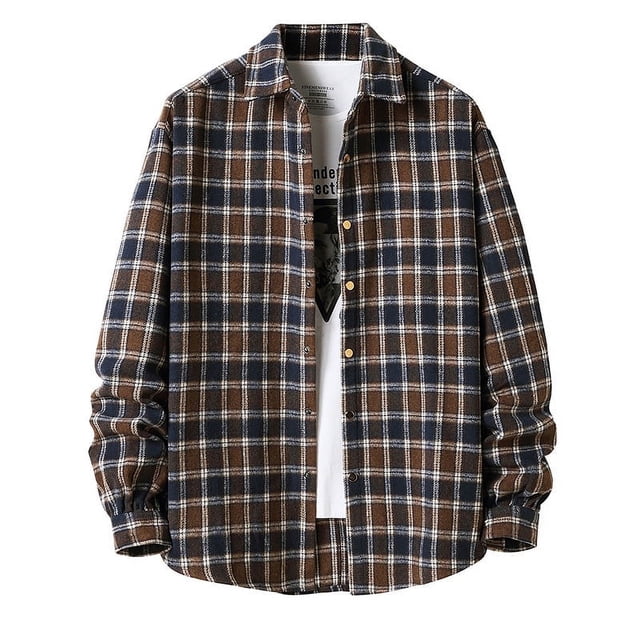 Men‘s Casual Cotton Plaid Shirts Long Sleeve Button-Down Flannel Overshirt Jacket