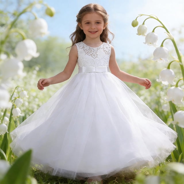 hengsof Robe Pouf Sans Manches à Col Rond en Maille pour Fille Couleur Unie Adaptée aux Enfants de 5 à 16 Ans Robe de Fête en Dentelle Mode Robe de Princesse
