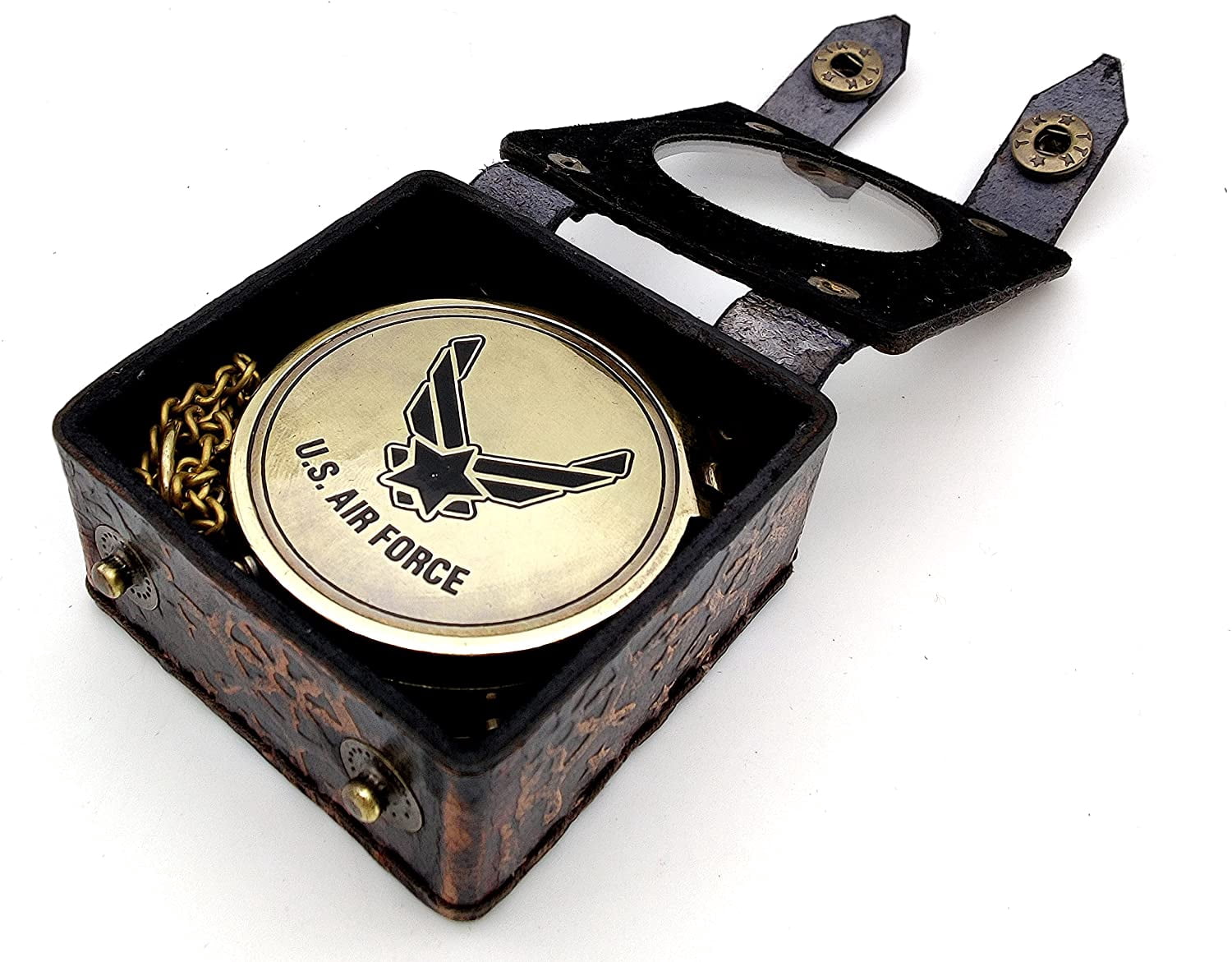 5MoonSun5's US AIR FORCE Engraved Brass Military Compass Nautical Marine Gift A Perfect and Unique gift for Army person Survival Navigation Compass for Hiking Camping Hunting with Leather display Case