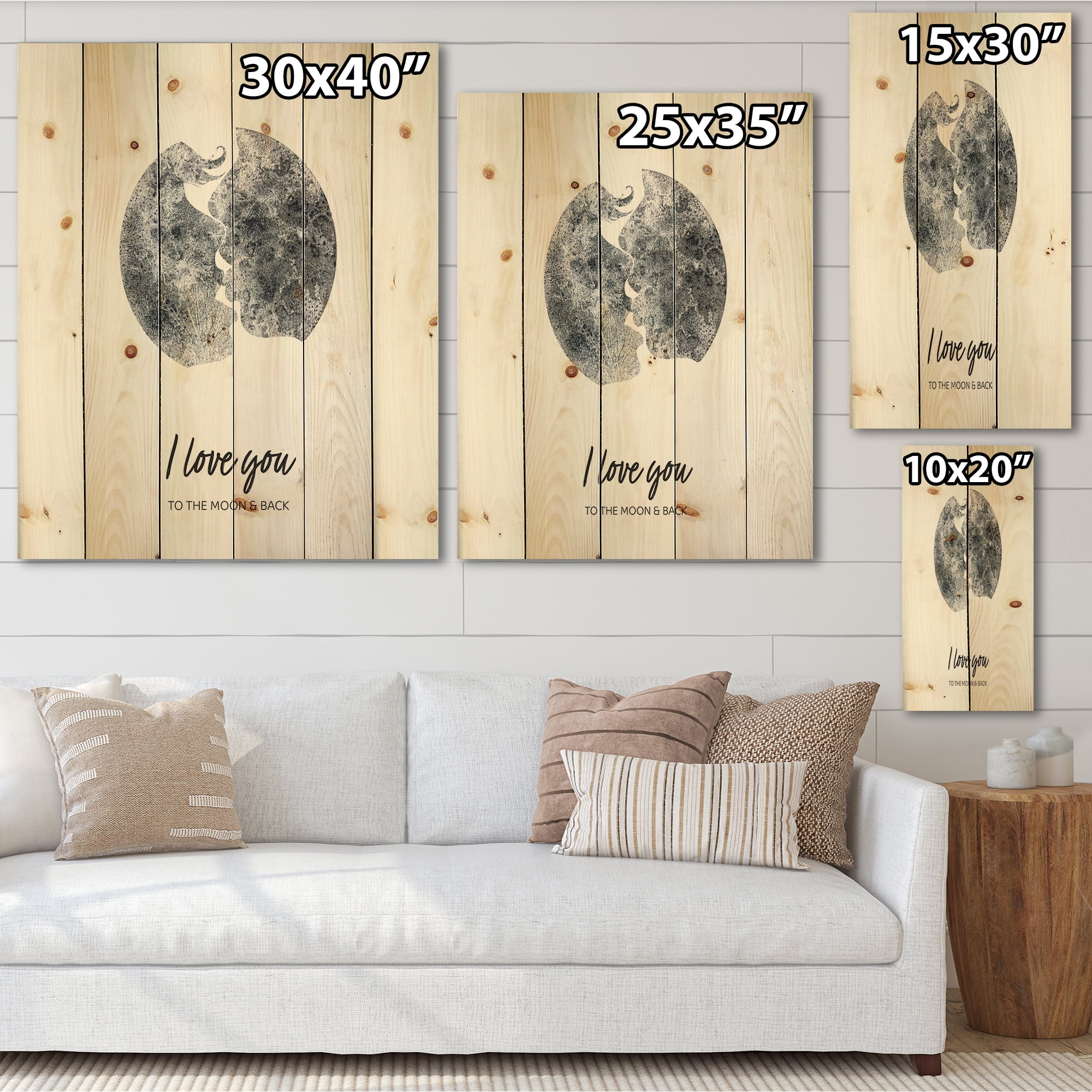Designart 'Kiss of Two Lovers In Romantic Moon Shape' Modern Print on Natural Pine Wood