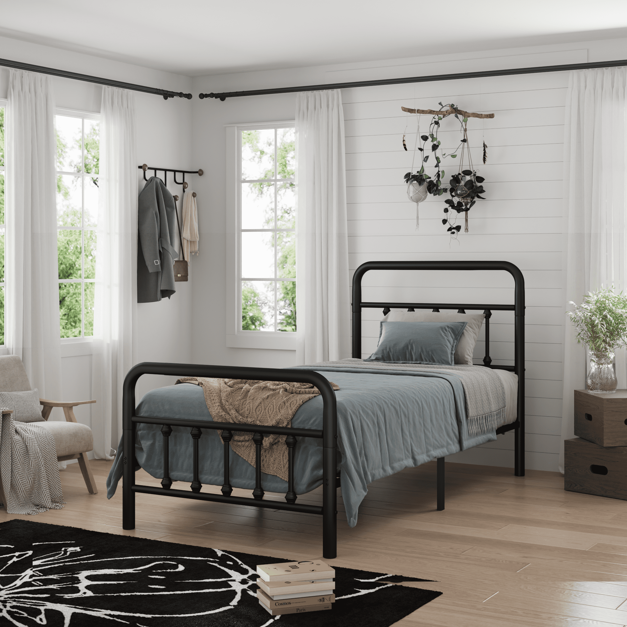 Twin Size Metal Bed Frame with Headboard, Sturdy Steel Platform Bed Frame with Ample Under Bed Storage Space, Easy Assembly Bed Frame, No Box Spring Required, Black Finish