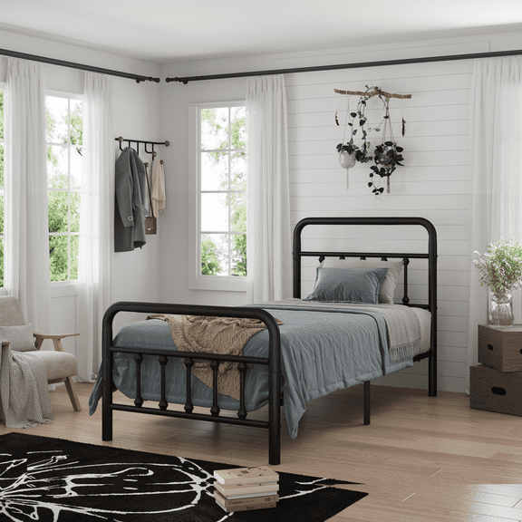 Harper & Bright Designs Twin Size Metal Platform Bed with Headboard, Metal Platform Bed Frame with Under Bed Storage for Bedroom, Black