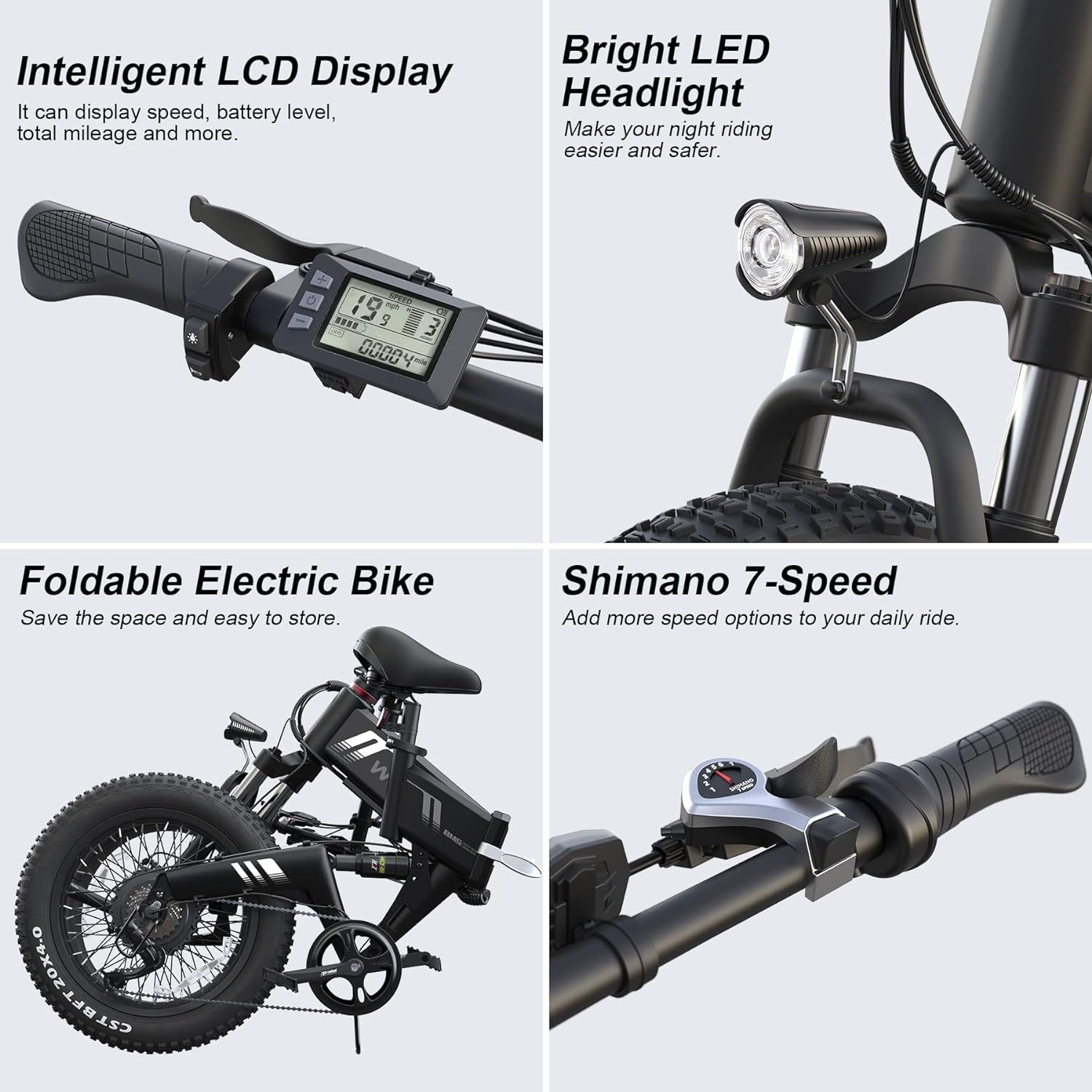 Wooken 20"X4.0 Fat Tire Electric Bike for Adults, 500W Foldable Electric Bicycle with 48V 10Ah Built-in Battery, Shimano 7 Speed, Dual Shock Absorber