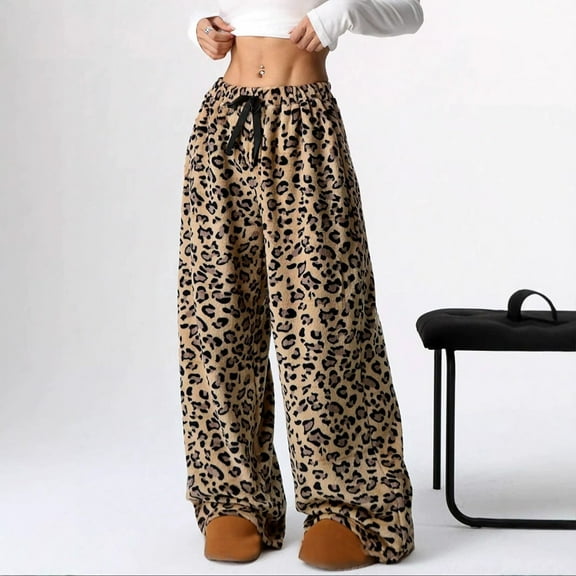 HLKJKLS Sweatpants Women Leopard Print High Waisted Baggy Trousers Fuzzy Pajama Sleepwear Soft Polyester Fabric Casual Lounge Brown S-Xl