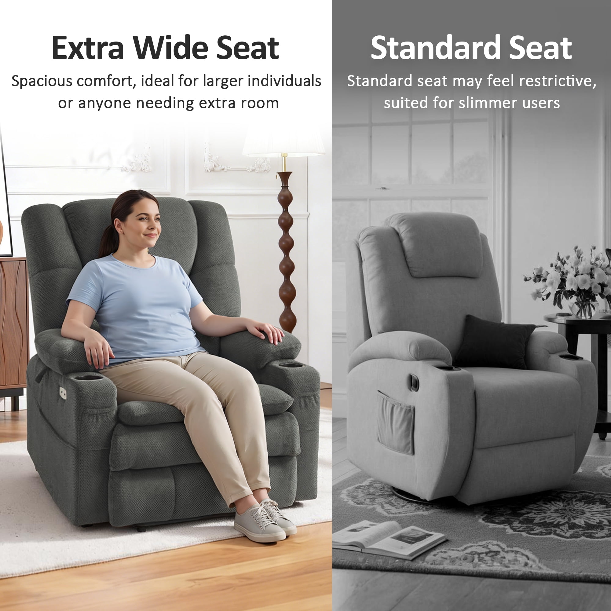 MCombo 27.2'' Extra Wide Triple Motor Power Lift Recliner for Elderly, Sleep Recliner Sofa with Adjustable Headrest, Fabric, Grey