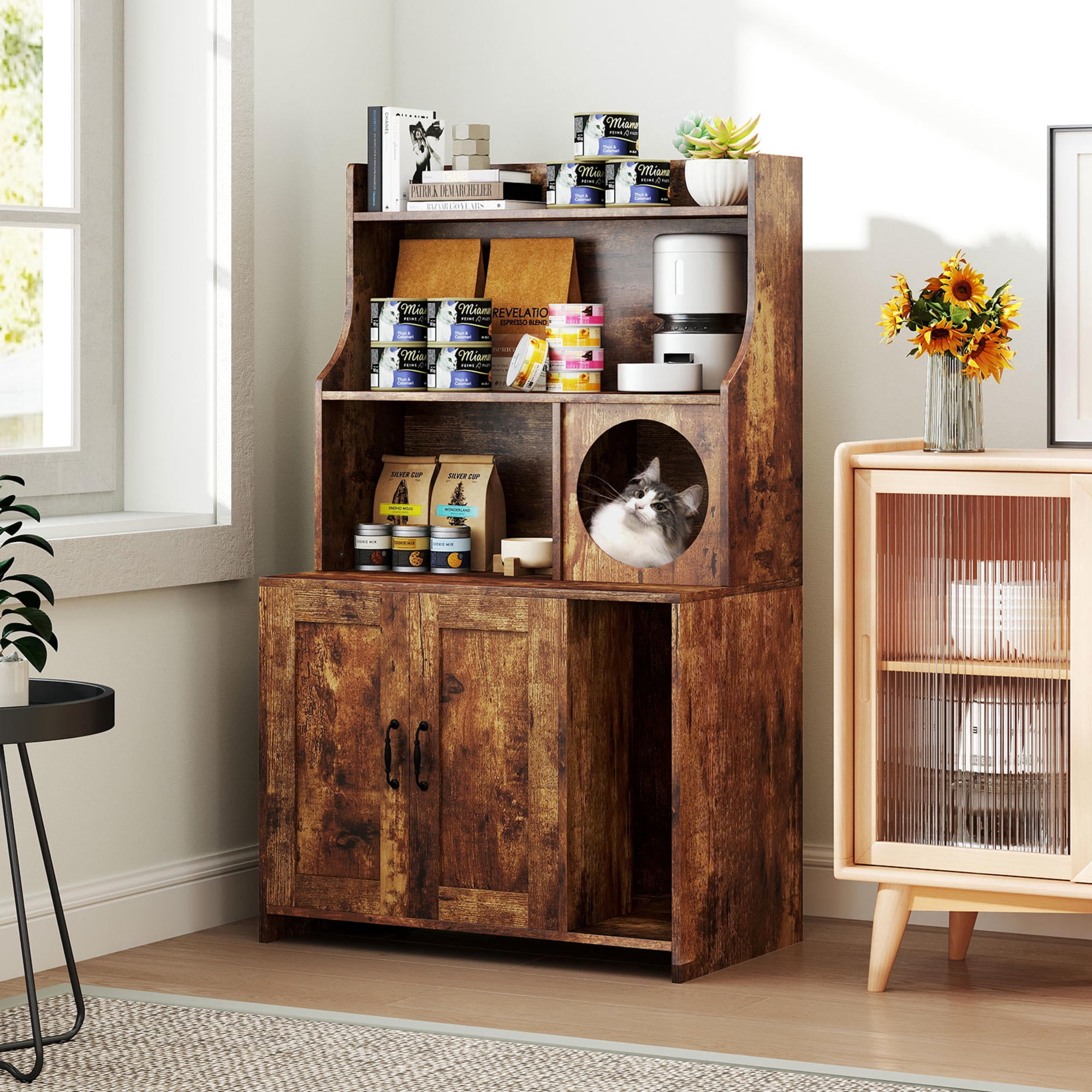 Wooden Industrial Cat Litter Box Enclosure with Storage Shelves Cat House Private Cabinet Brown