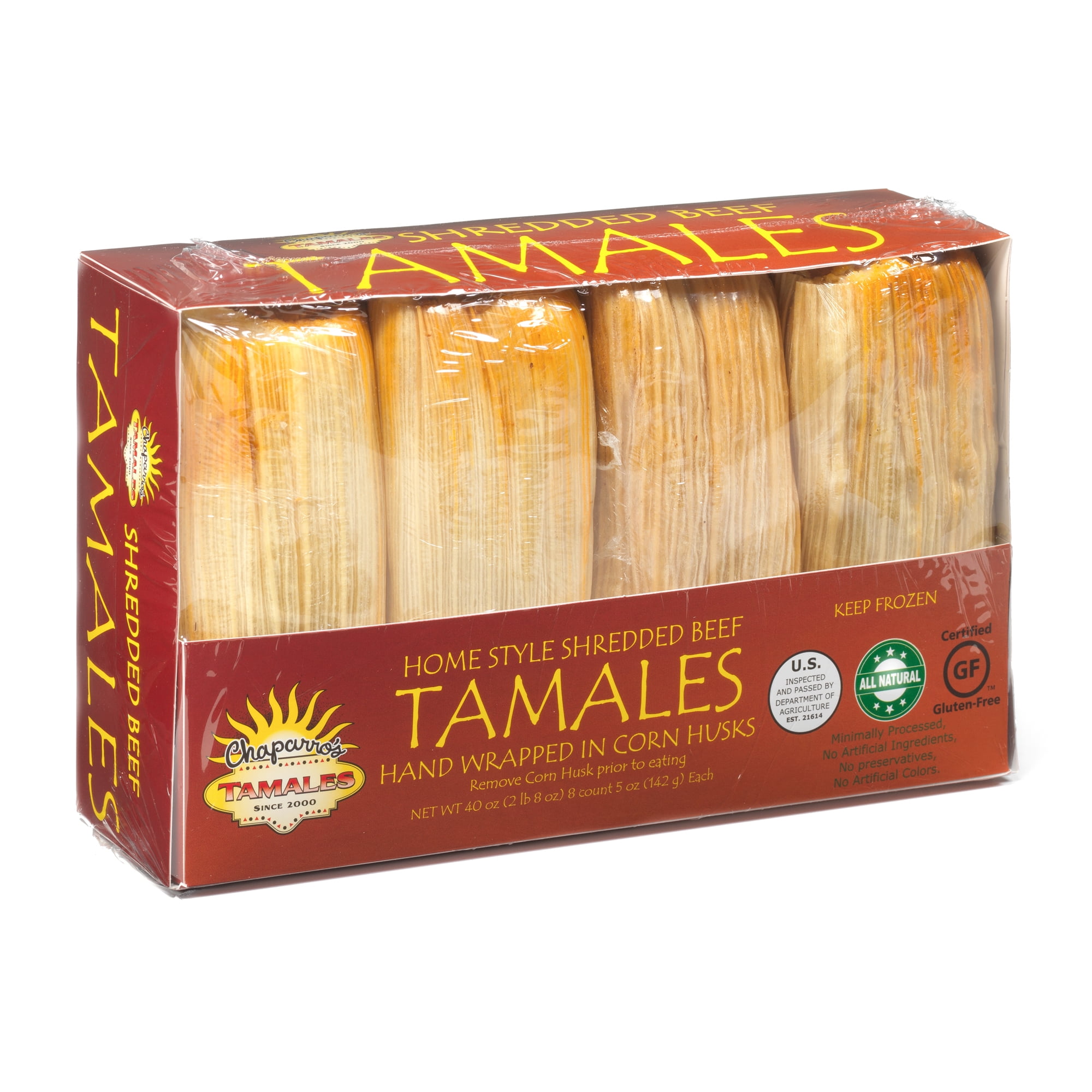 Chaparros Tamales, Shredded Beef Red Chili, Frozen, 8 pack, 40 oz Box, Tamales ,Gluten Free, All Natural