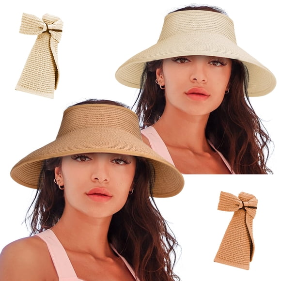 Sombreros de visera para mujer, sombrero de playa de paja de ala ancha, sombreros de cola de caballo para mujer, disquete plegable