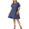 thumbnail image 1 of Plus Size Denim Dresses for Women Ruffle Hem Summer Casual Short  Sleeve Chambray Dress Blue 4X, 1 of 7