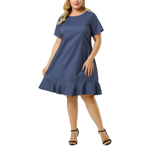 Plus Size Denim Dresses for Women Ruffle Hem Summer Casual Short Sleeve Chambray Dress Blue 4X