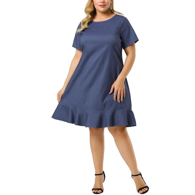 Plus Size Denim Dresses for Women Ruffle Hem Summer Casual Short Sleeve Chambray Dress Blue 4X
