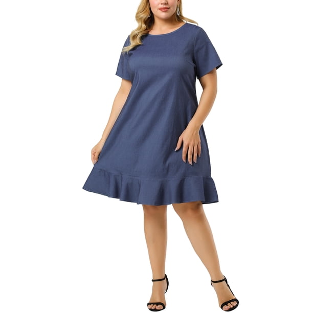 Plus Size Denim Dresses for Women Ruffle Hem Summer Casual Short Sleeve Chambray Dress Blue 4X