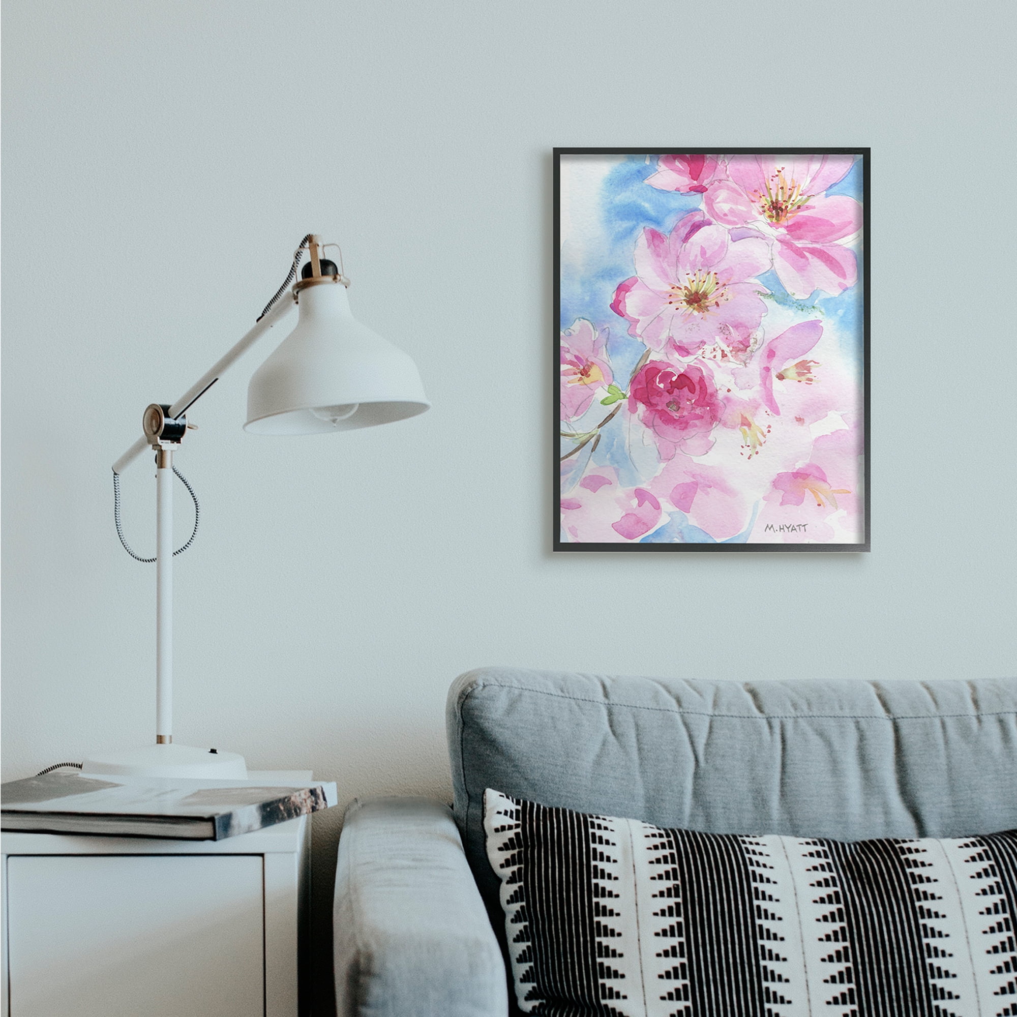 Stupell Industries Cherry Blossom Pink Florals Blooming over Blue Black Framed, 24 x 30, Design by Melissa Hyatt LLC