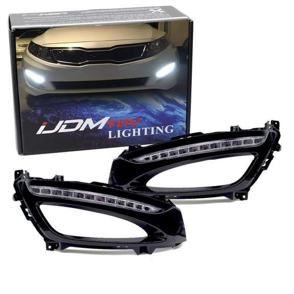 Xenon White LED Daytime Running Lights For 11-13 Kia Optima w/Glossy Black Bezel Covers, Direct Replacement DRL Bezel Assembly Powered by 12 Pieces High Power LED Bulbs Each Lamp