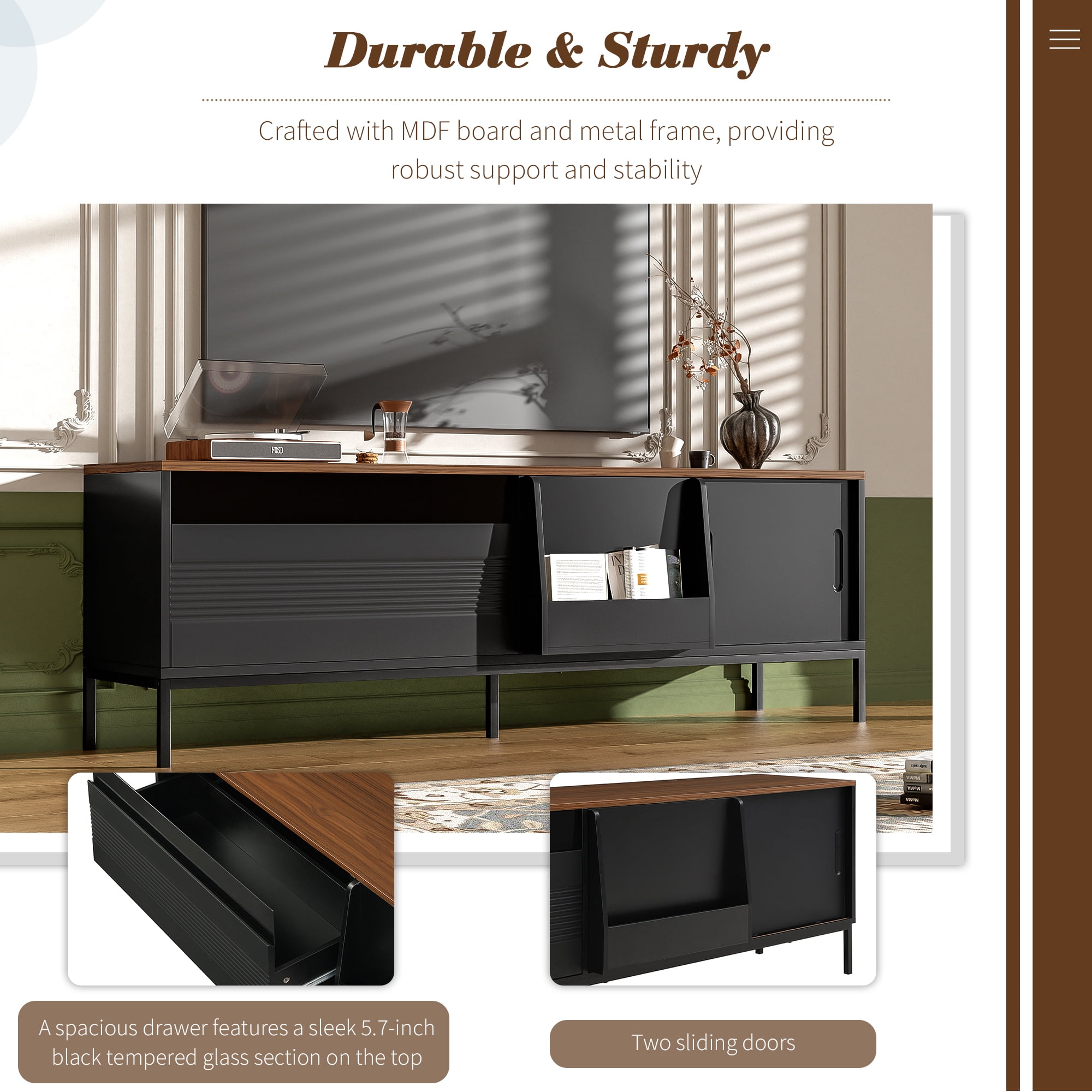 TV Stand 70.8 Inch, Entertainment Center with Sliding Doors and Adjustable Shelves, Media Console for TVs up to 75 Inch, Living Room Furniture, Black