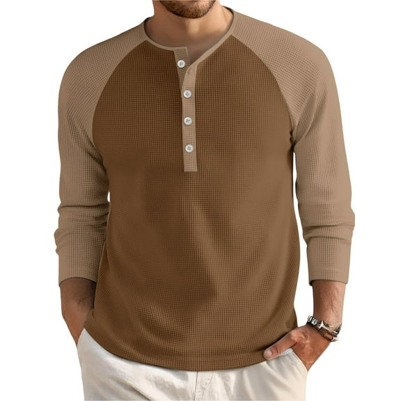 Hearthz Cotton Long Sleeve Shirt Men Waffle Knit Henley Men Shirts Color Block Crewneck Raglan Sleeve Fall Pullover Men Sweatshirts