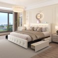 Kallabe Queen Bed Frame with 4 Drawers and LED Adjustable Button PU Leather Headboard, Charging Station, White
