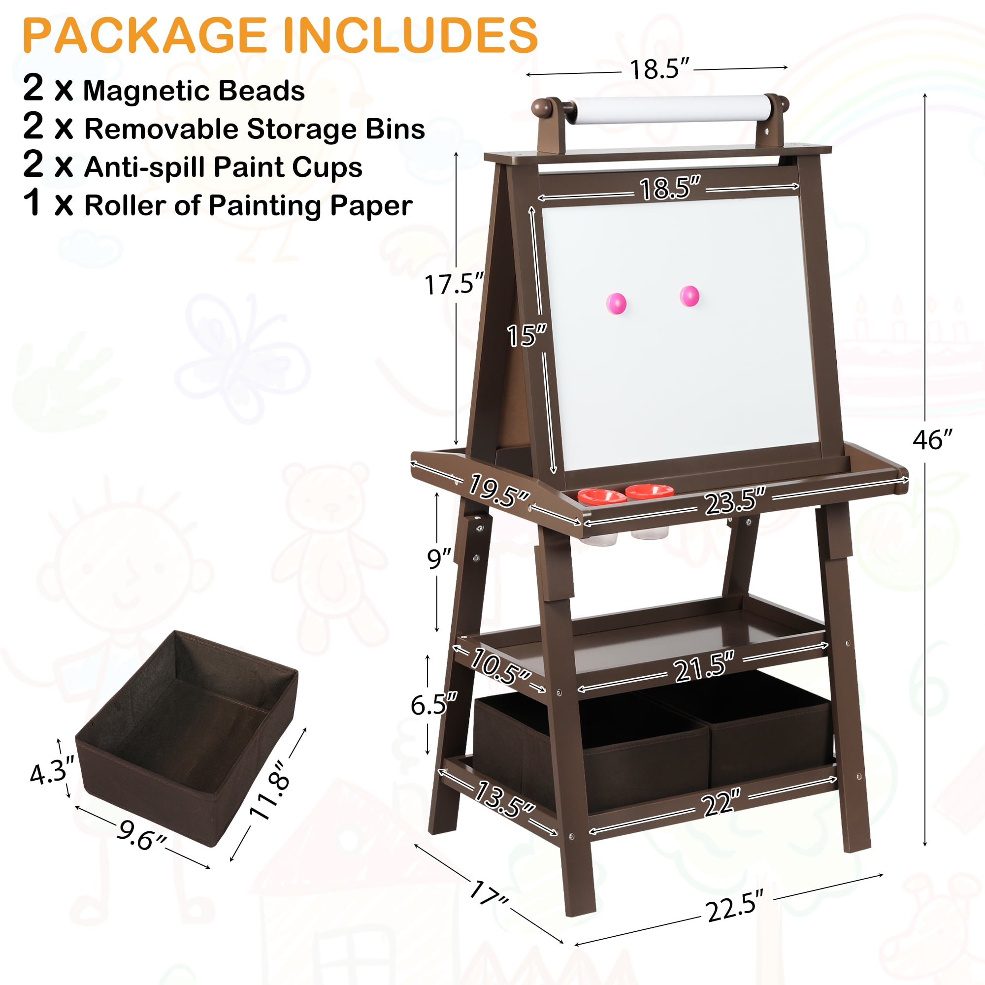 LINLUX 3 in 1 Kids Art Easel Drawing Board Double-Sided Whiteboard Chalkboard, Coffee