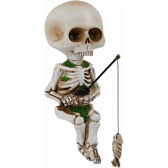 Style Fishing Skeleton Statue 4.5 Inch Mini Skull Figurines Halloween Gothic Decor Resin Cute Skull Fisher Sculpture for Outdoor Garden Pond Fountain Poolside