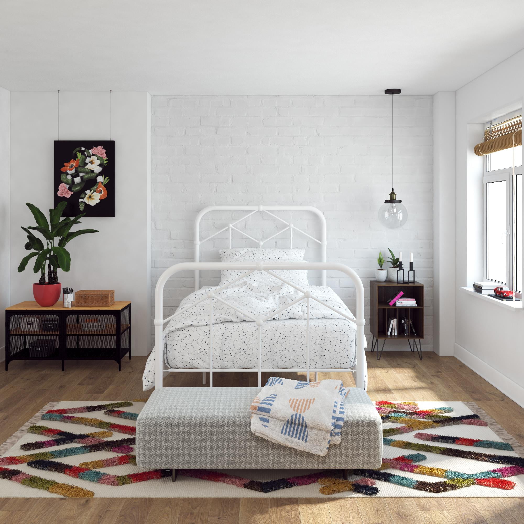 Novogratz Francis Farmhouse Metal Bed Twin Bed Frame White