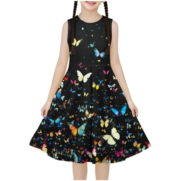 hengsof Stylish Printed Sleeveless Dress for Girls, Kids Round Neck Waist Dance Dress, Comfortable Casual Dress, Suitable for 4 to 14 Years