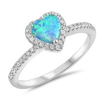 CHOOSE YOUR COLOR Blue Simulated Opal Heart Halo Delicate Setting Ring Sterling Silver Band White CZ Female Size 6