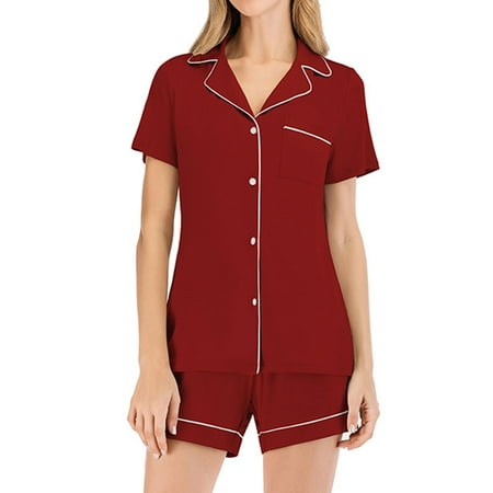 

ZXZY Women Solid Color Lapel Short Sleeve Buttons Shirt Shorts Pajama Set