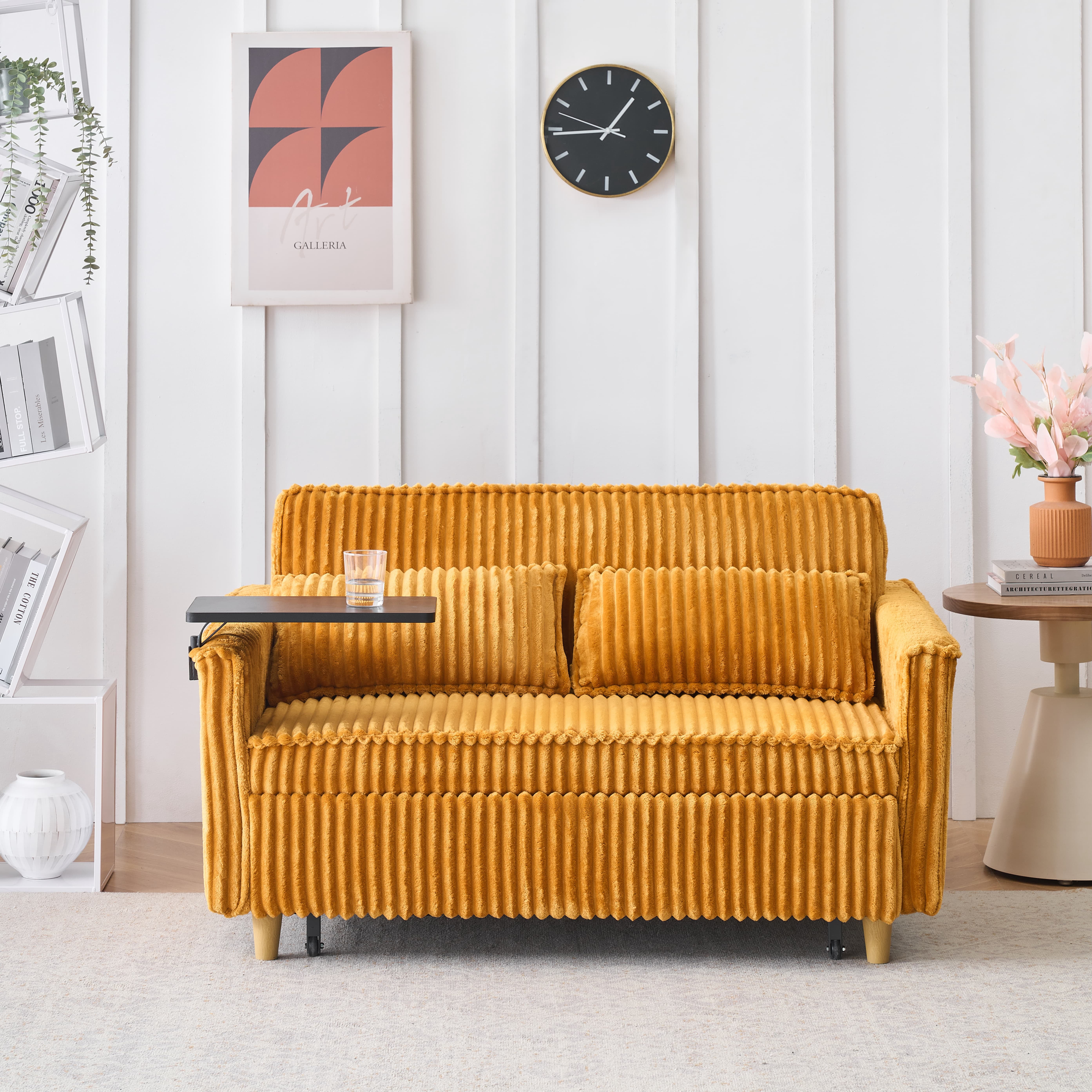 MAYEERTY 54" Pull Out Corduroy Sofa Bed with a Movable Tabletop and USB Ports, Loveseat Sleeper for Apartment, Living Room, Small Space, Yellow