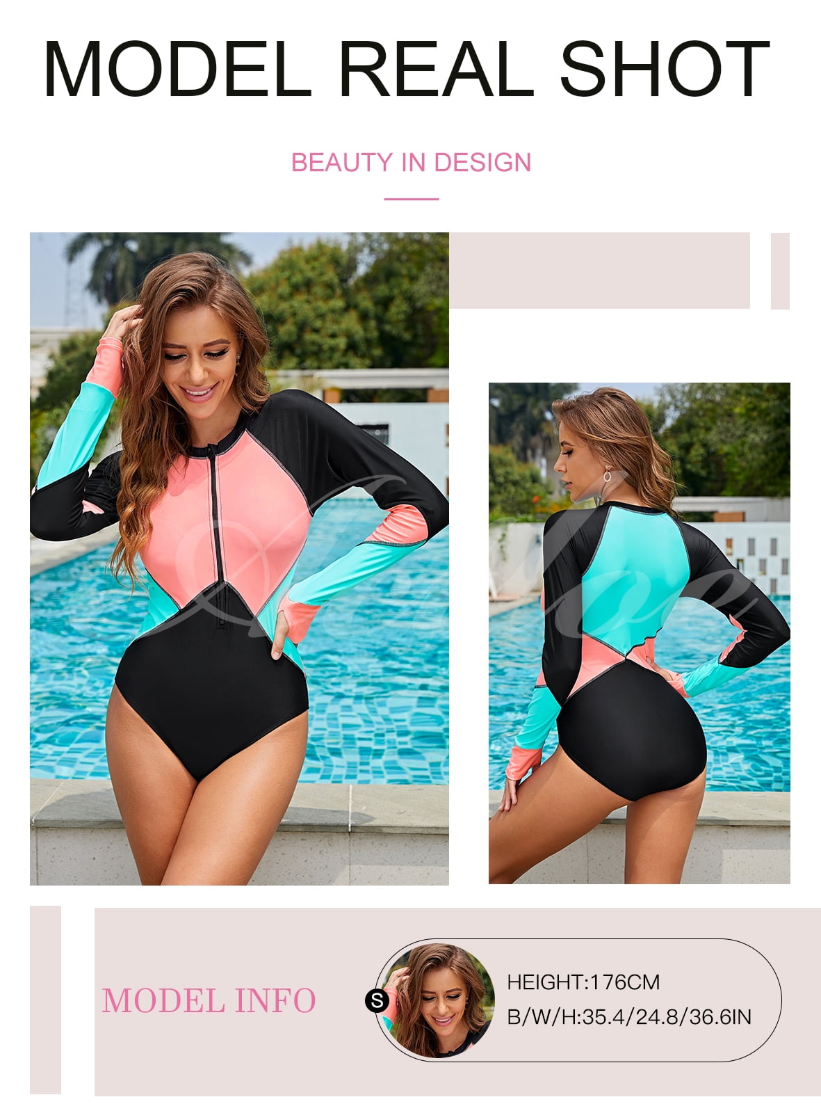 Rosfancy Womens Zip Front One Piece Swimsuit Rash Guard Long Sleeve Color  Block Swimwear Bathing Suit, S-XXL