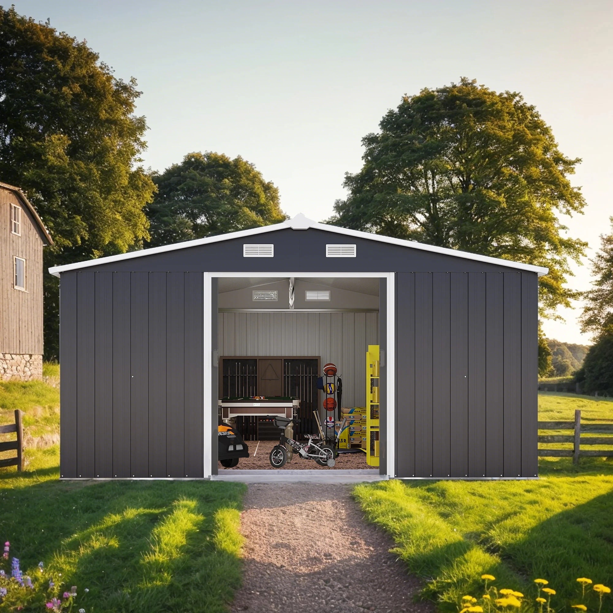Villeston 10FT x 12FT Outdoor Metal Storage Shed,Tool Shed Storage House with Lockable Door for Garden, Backyard, Patio Gray