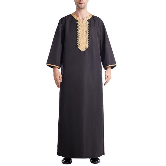 CEHVOM Robe Musulmane pour Hommes Robe Arabe Longue Style Manches 8/4 Brodée Col Montant Poche Longue Chemise Mode Décontractée Robe en Solde