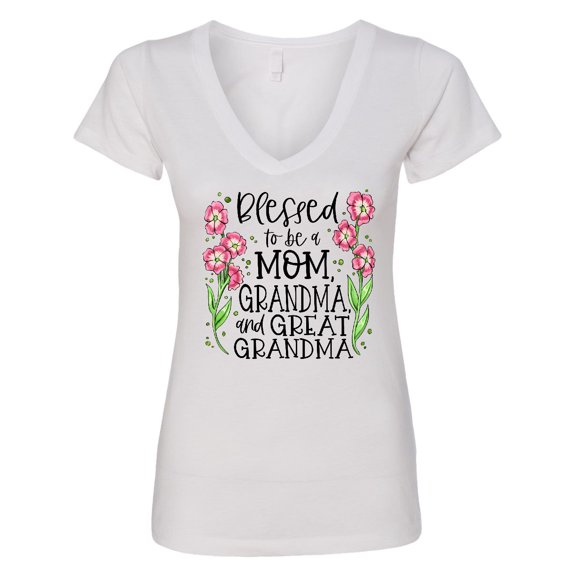 Inktastic Blessed to Be a Mom, Grandma, and Great Grandma Pink Flowers Women's V-Neck T-Shirt