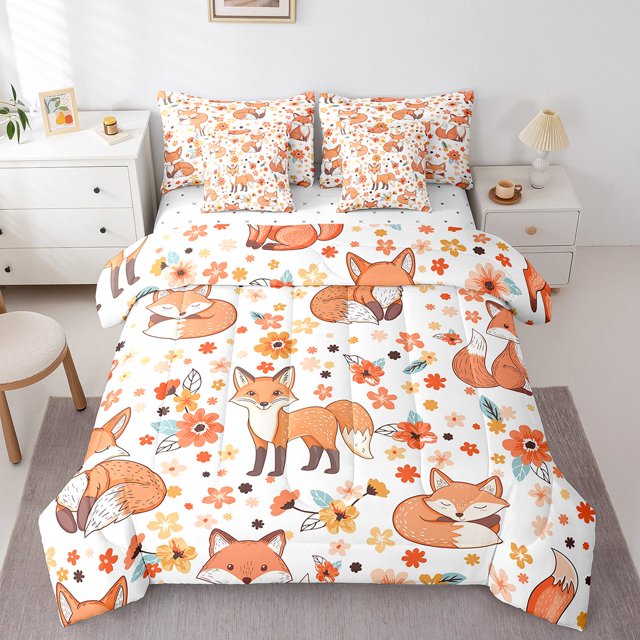 Erosebridal Kawaii Fox Bedding Queen Size,Floral Flower Bed In A Bag Queen Size,Cartoon Decor,Lightweight,7 Pieces