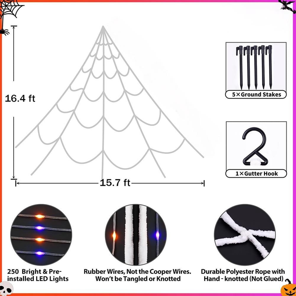 16.4*15.7Ft, Halloween Spider Web Lights 135 LED Lighted Spider Web Large Halloween Decorations Light up with 8 Lighting Modes & IP65 Waterproof &Timer for Outdoor Indoor Yard Haunted House Decor