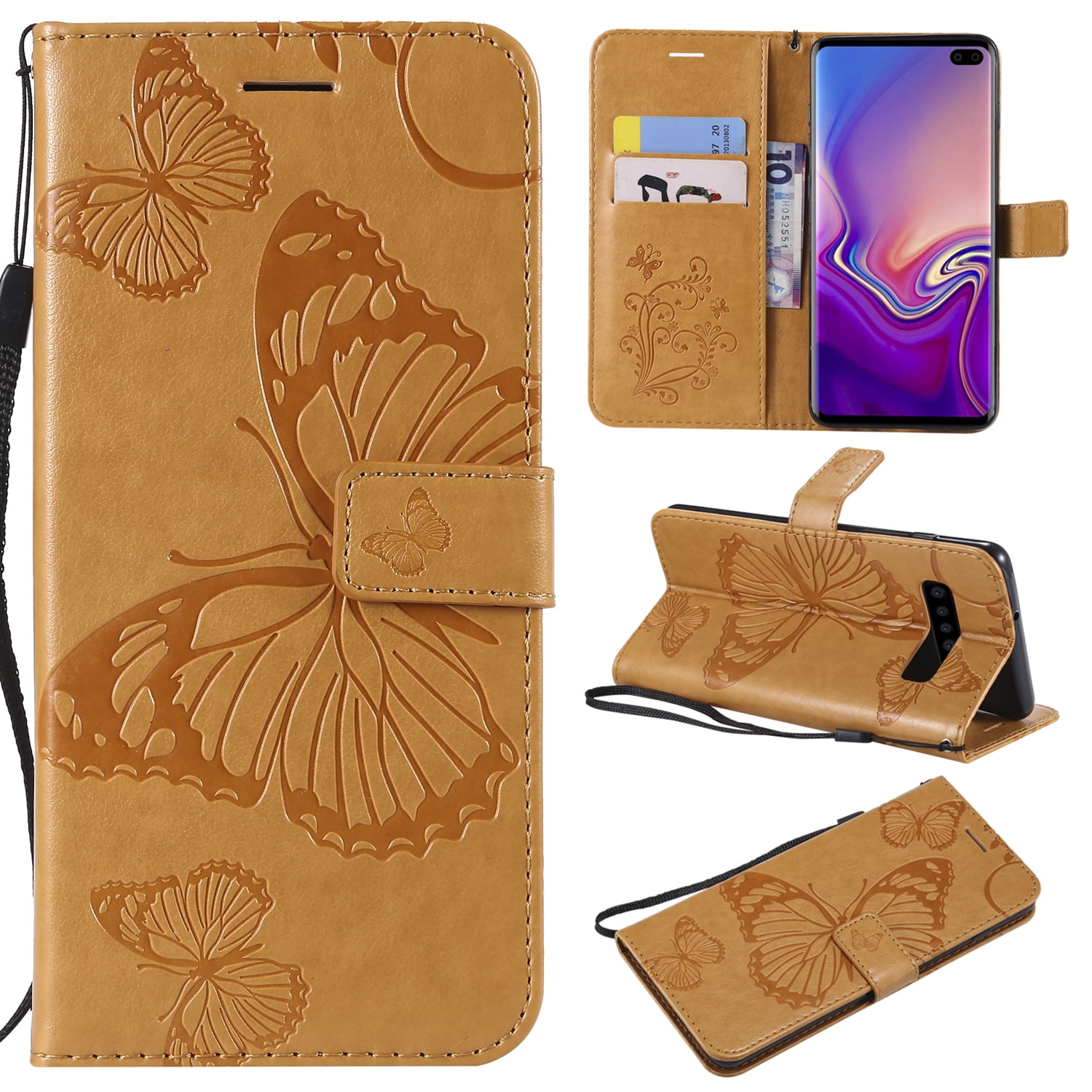 Galaxy S10 Plus Case,Samsung S10 Plus Case,Wallet Case,PU Leather Case Floral Tree Cat Embossed Purse with Kickstand Flip Cover Card Holders Hand Strap for Samsung Galaxy S10 Plus Brown