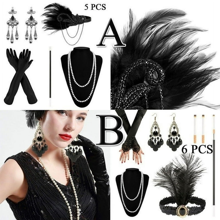 HOTBEST 5PCS 1920s Accessories Flapper Costume for Women Headpiece Prop  Smoking Rod Necklace Gloes Party Accessories Great Gatsby Costume Set 