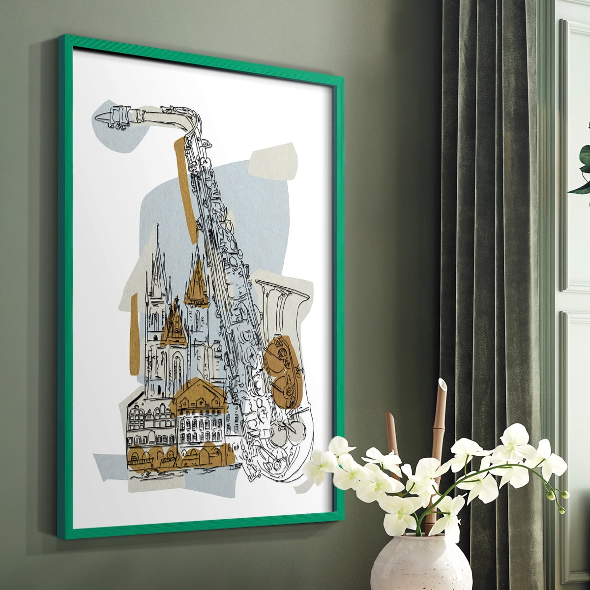 Rehearsal II Framed Print in Green Solid Wood Framed Print No Nail Hanging