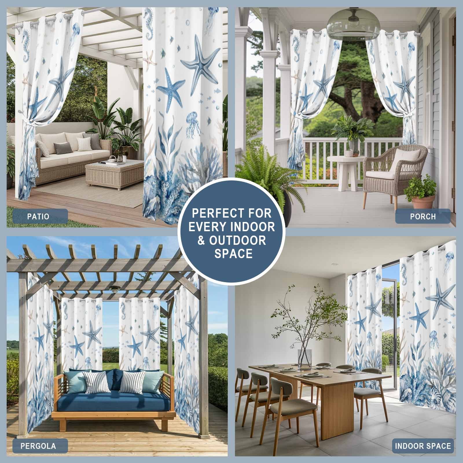 Ocean Starfish Outdoor Curtains for Patio, Nautical Coastal Jellyfish Seahorse Coral Seaweed Seashell Sunshade Privacy Drapes Grommet Waterproof Outside Curtains for Porch Balcony 54"x108", 1 Panel